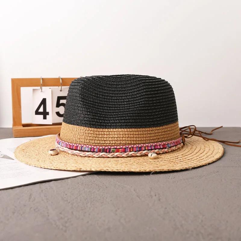 New Summer Beach Raffia Spliced Ethnic Style Woven Tape Sunshade Straw Hat Womens Wide Brim Jazz Holiday Uv Protection Sun Hats