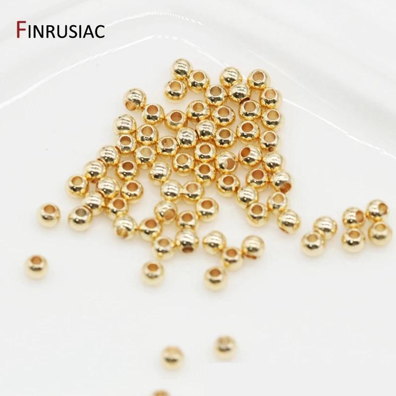 3 Sizes Loose Beads High Quality Brass Metal 14K Real Gold Plated Round Smooth Ball Spacer Beads For Jewellery Making Supplies
