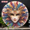 Gold Round Mask Carnival Metal Wall Art, 2D Flat Feather Lady Sign, Gold Home Decor for Living Room Garage Cafe