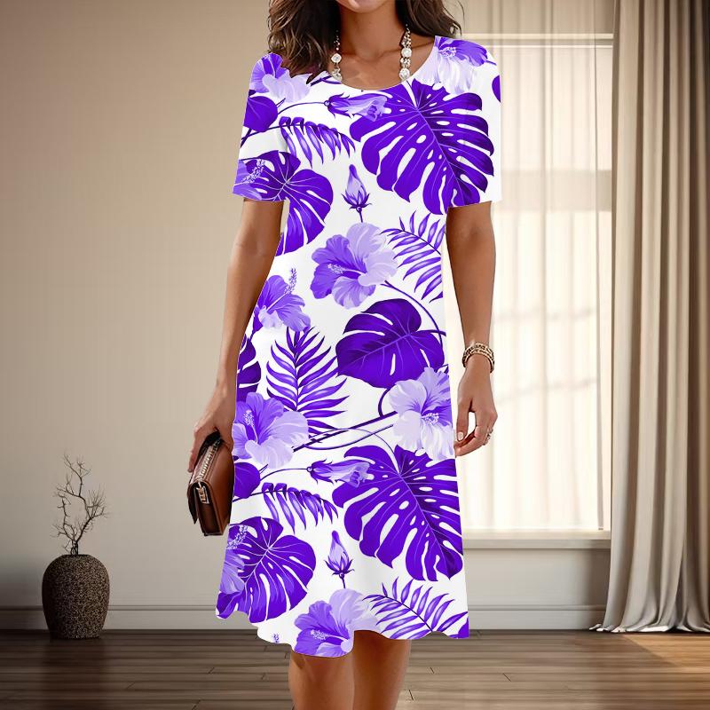 Women's Fashion Graceful Plantain Leaf Print Summer Spring Short Sleeve O-Neck Casual Dresses
