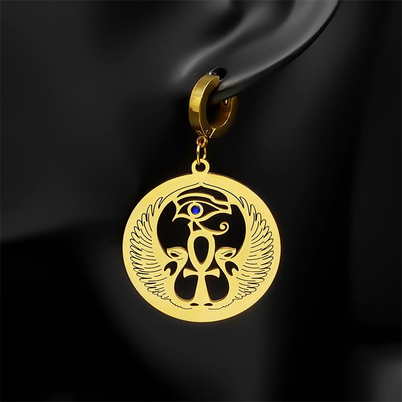 Anka Cross Egyptian Eye of Horus Hoop Earrings for Women Stainless Steel Gold Color Egypt Blue Eyes Earring Jewelry E8074S02