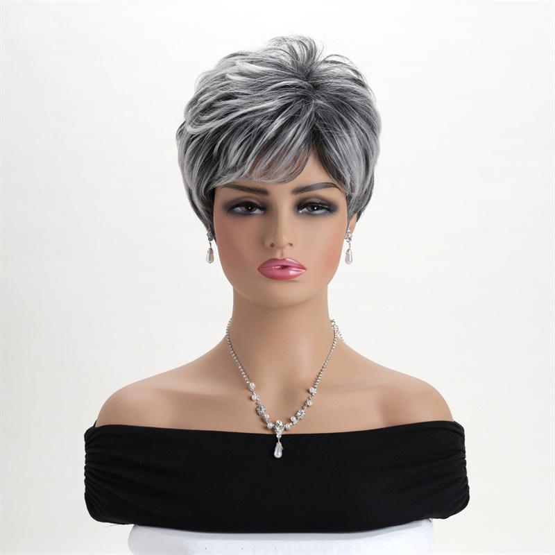 Synthetic Pixie Cut Hairstyle Short Mommy Wig for Women Ombre Straight Wigs with Bangs Elder Woman Grandma