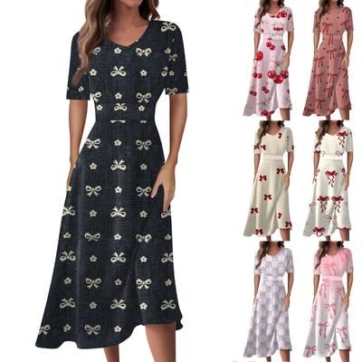Ladies Casual Fashion Gradient Print V-Neck Short Sleeve Waist Long Swing Dress