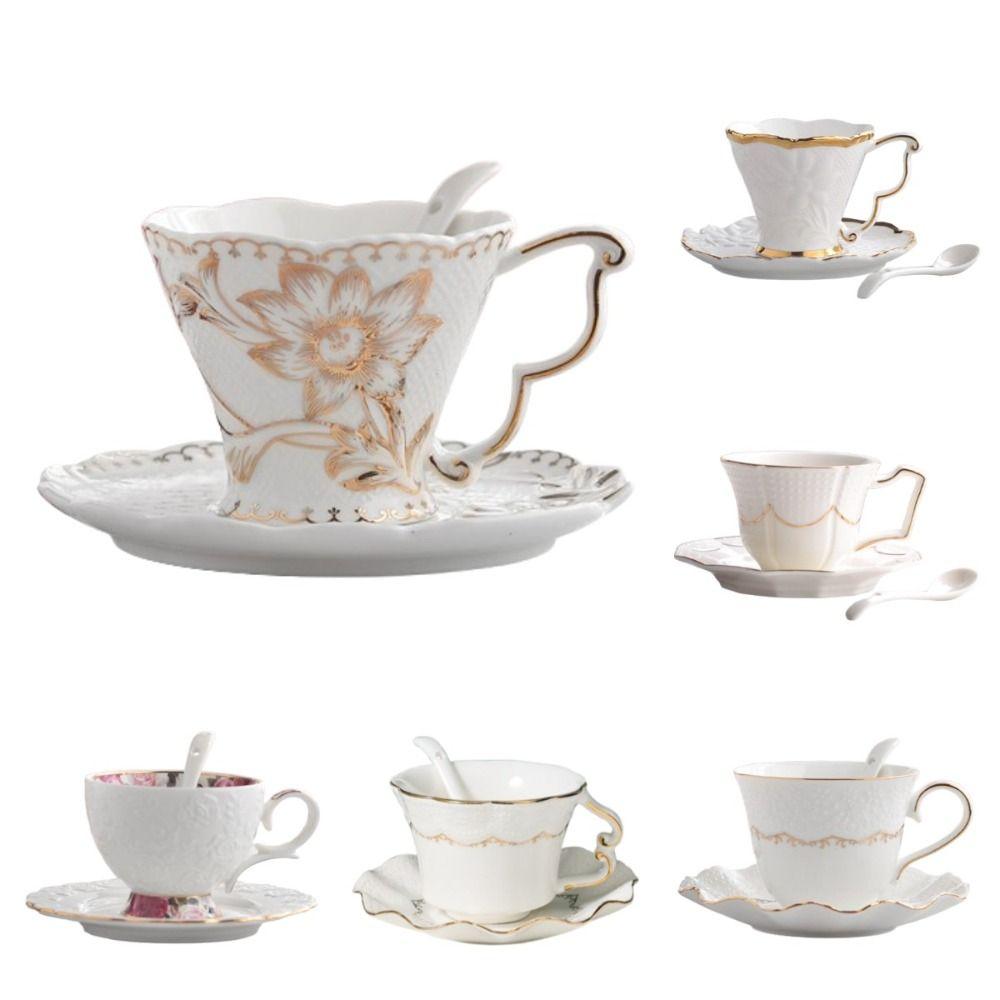 Exquisite Tea Cup Set Luxury Latte Flower Tea Water Cup Ceramic Coffee Cup Spoon Plate Set  Hotel