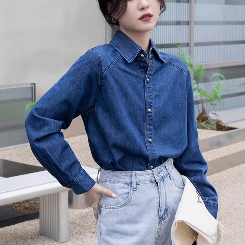 Dark Blue Retro Shoulder Port Soft Denim Shirt for Women To Wear Autumn, Winter and Spring New Small Top