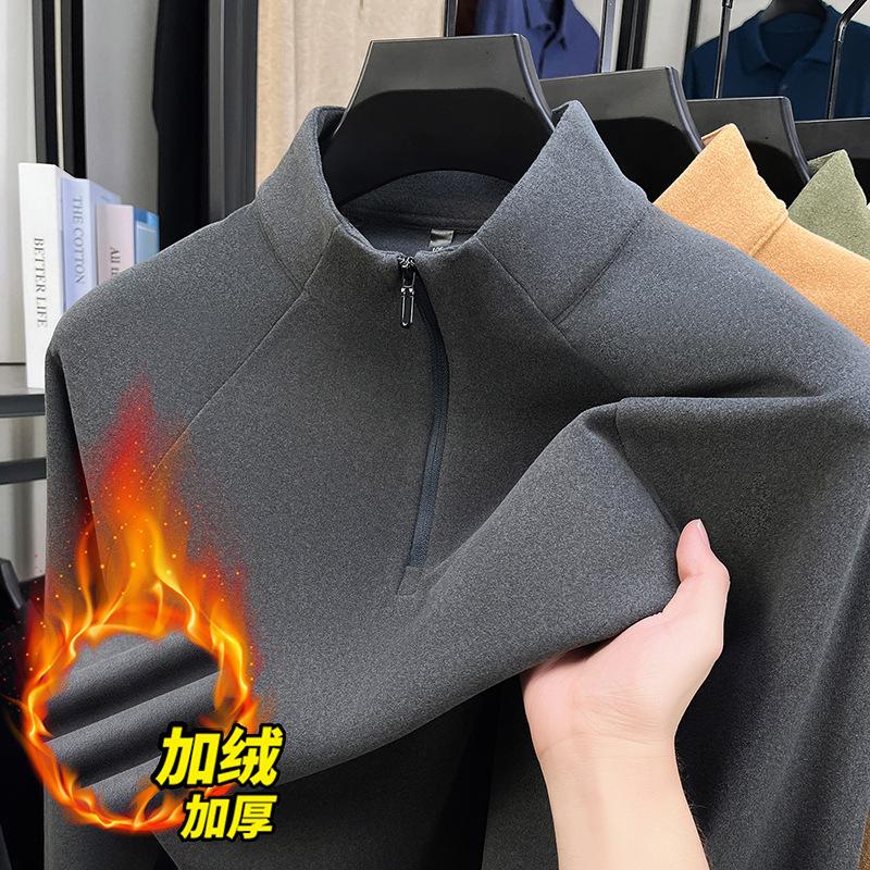 Men S Fleece Lined Stand Collar Half Zip Solid Color Casual Winter Sweatshirt