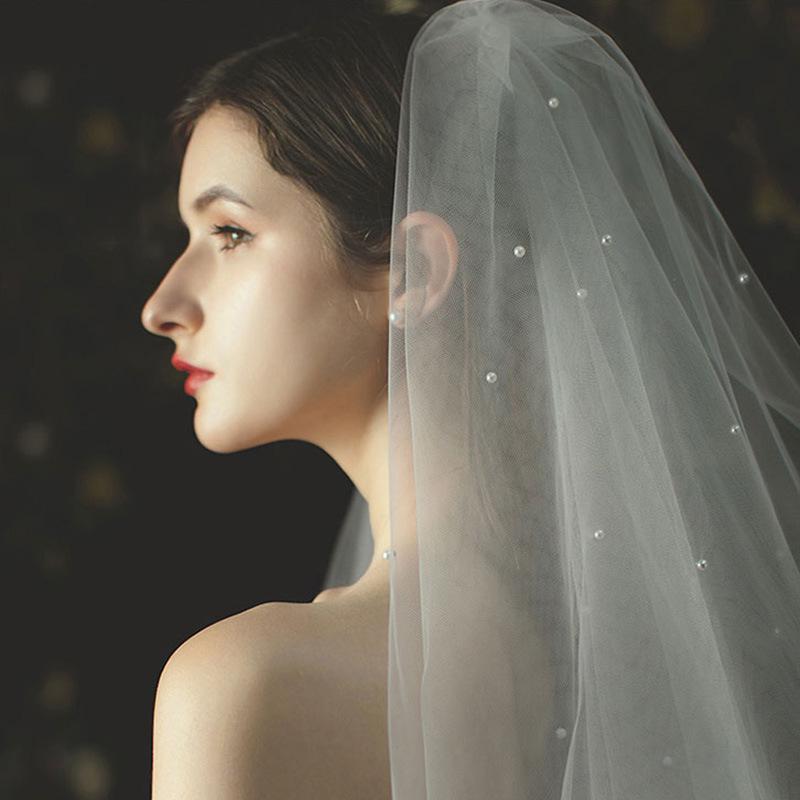 Mori-Style High-End Double Layer Pearl Bridal Veil - Super Fairy White Wedding Headdress