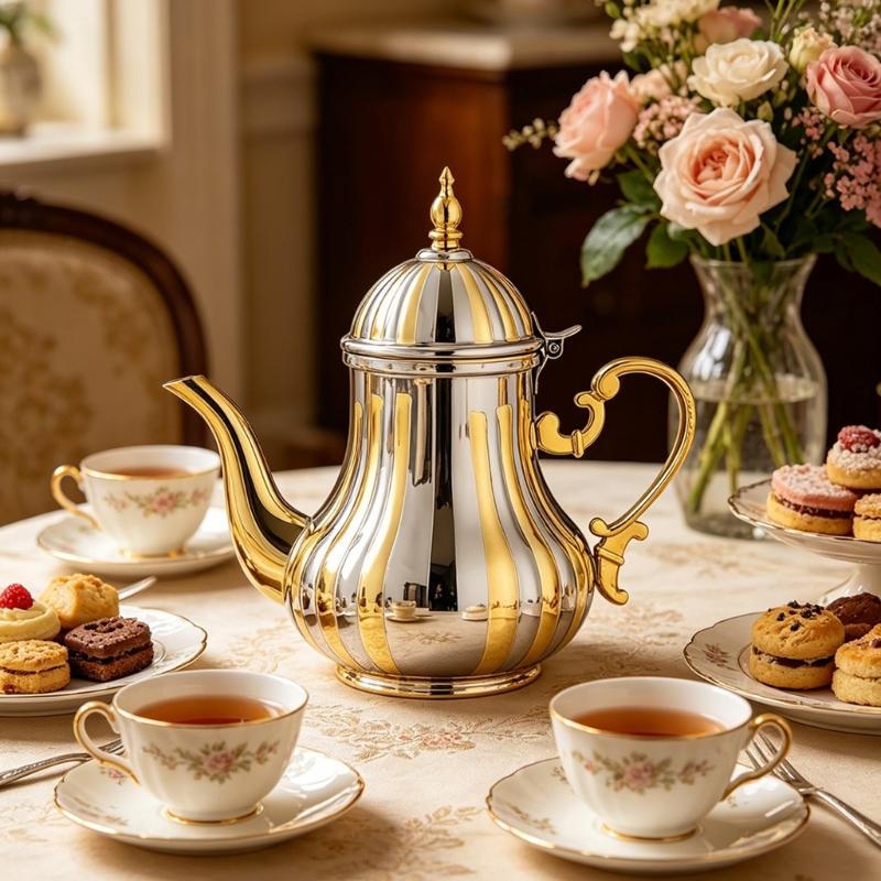Arabics Coffee Pot 1.2L Stainless Steel Turkish Teapot Gold and Silver Wide Mouthed Hot Drink Servers for Coffee Tea Service