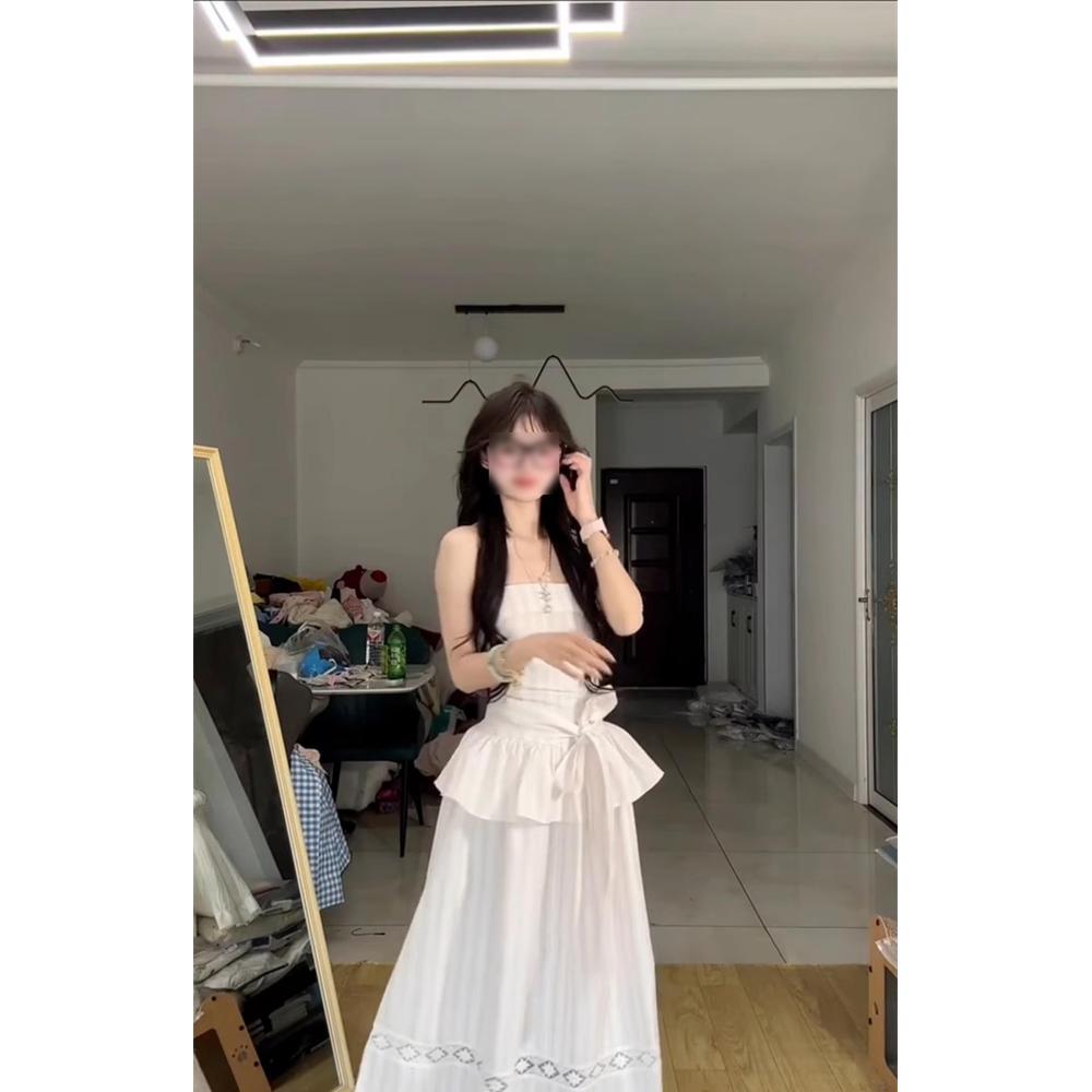Especially Beautiful Waist Pinch Tube Top Suspender Dress Summer Strap Design Waist Thin a Word Long Skirt