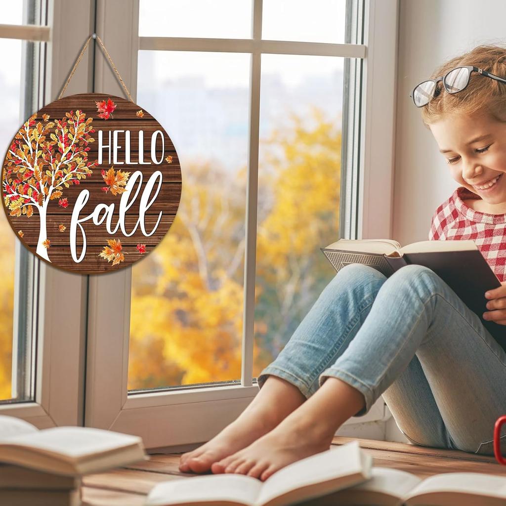Whaline Hello Fall Wooden Hanging Sign Maple Tree Front Door Sign Autumn Thanksgiving Welcome Sign for Harvest Indoor Outdoor Home Porch Wall Decor