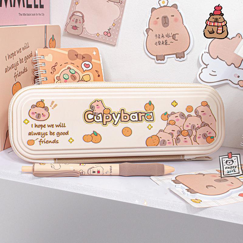 

Милая большая вместительная сумка для ручек капибара, водонепроницаемая однослойная сумка для хранения канцелярских принадлежностей на молнии, забавный пенал для детей 21cm света кофе