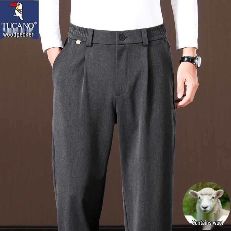 Woodpecker Men's Elastic Waist Wool Trousers - Loose Wide-Leg Casual Pants for Spring & Autumn