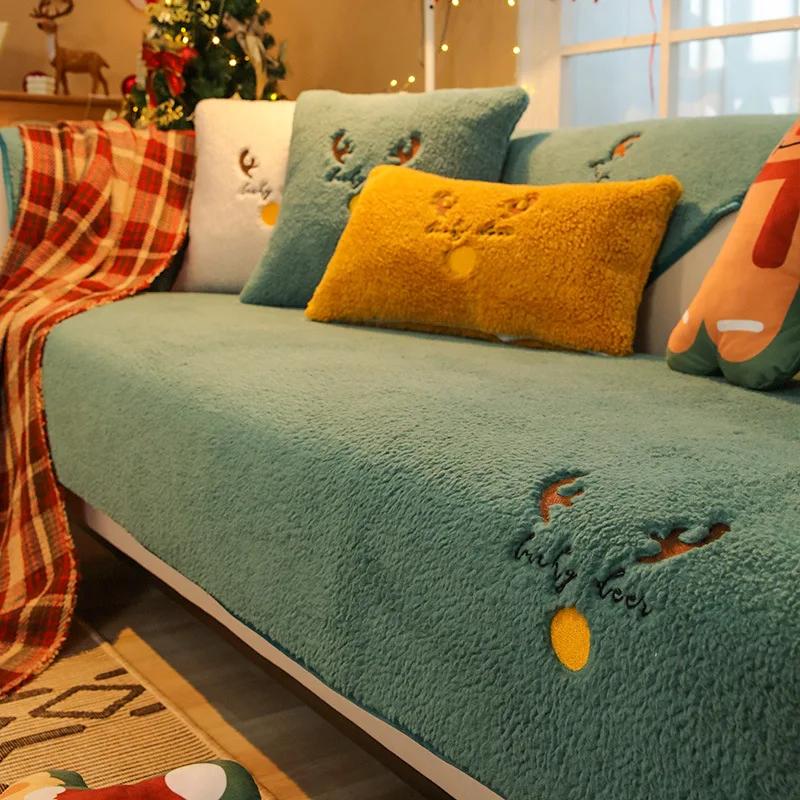 Thicken Short Plush Sofa Cover Winter Warm Non Slip Sofa Towel Washable Couch Cushiom Slipcovers Living Room Elk Christmas Decor