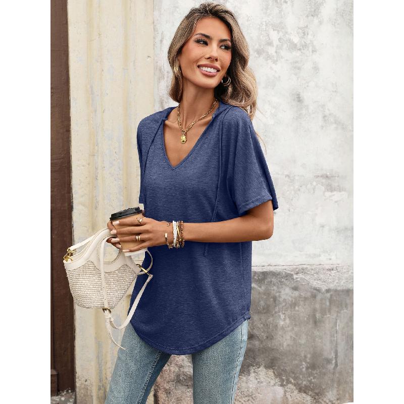 2026 Spring/Summer New Solid Color V-Neck Drawstring Hooded T-Shirt for Women Casual Short Sleeve