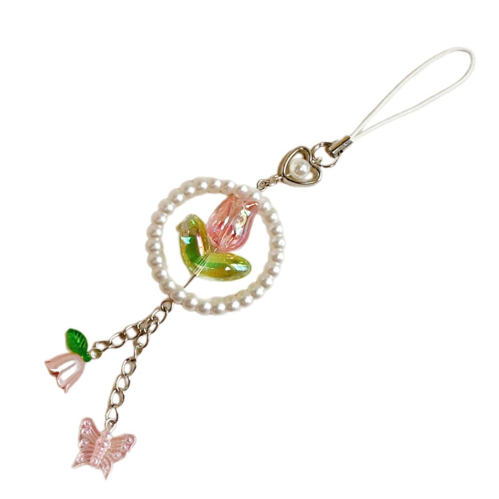 Elegant Flower Butterfly Phone Charm Beaded Keychain Acrylic Mobile Accessory Bag Pendant Keyring for Fashionable Women