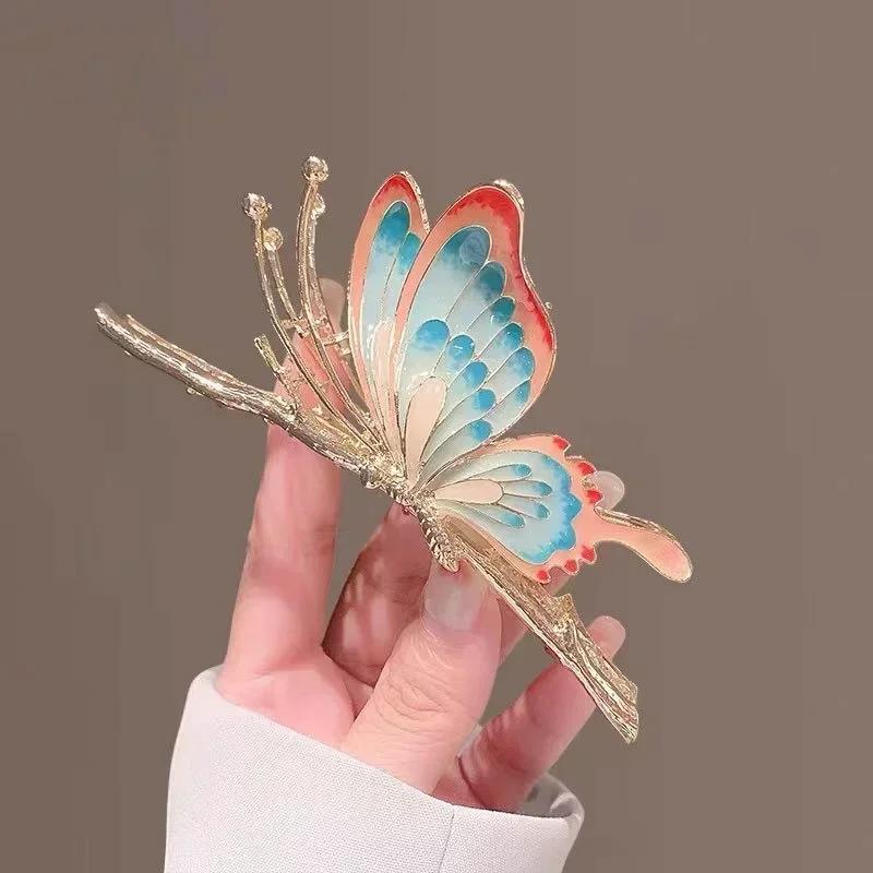 Women Fashion Vintage Painted Butterfly Hair Claws Luxury Hair Clips for Girl Crab Large Size Barrette Headwear Hair Accessories