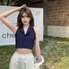 Multicolor Lapel Suit Style Women Crop Top Summer Sleeveless Halter Tank Stripes Print Button Single-Breasted Camisole 2023