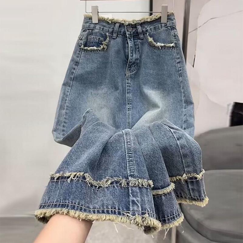 Women's High Waist Washed Black Denim Maxi Skirt Raw Hem Split Front Vintage Casual Streetwear Long Jean Skirt