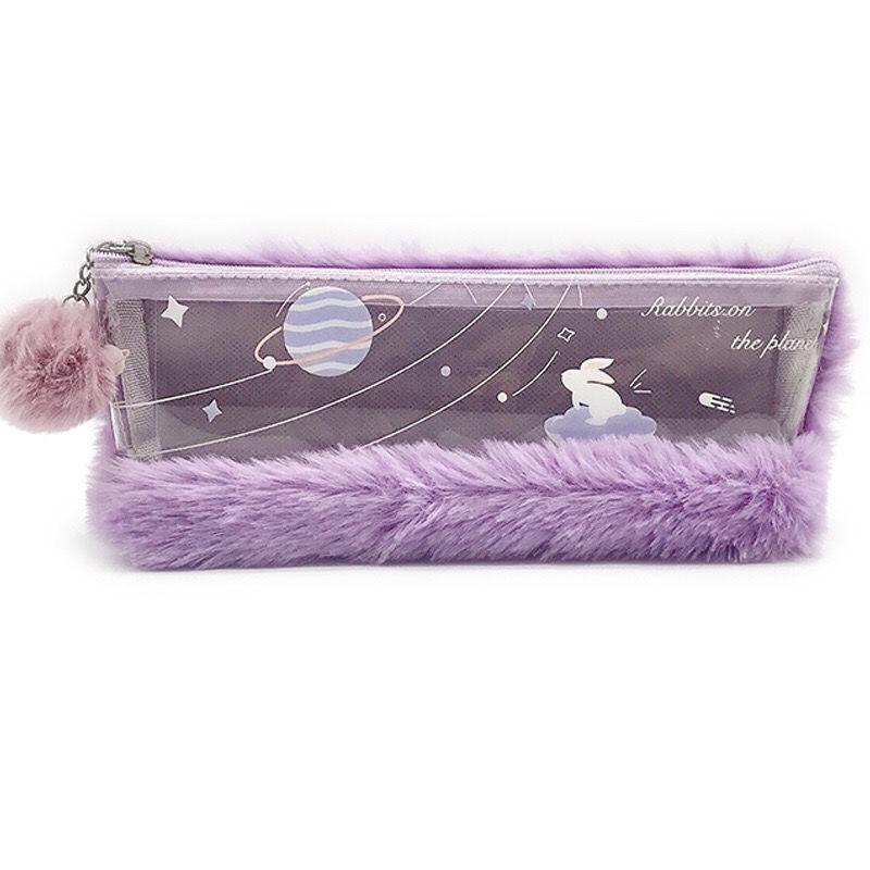 Minimalist Spliced Semi-transparent Pencil Case for Girls Rabbit Japanese-style Cute and Fashionable First-grade Fluffy Portable Stationery Storage
