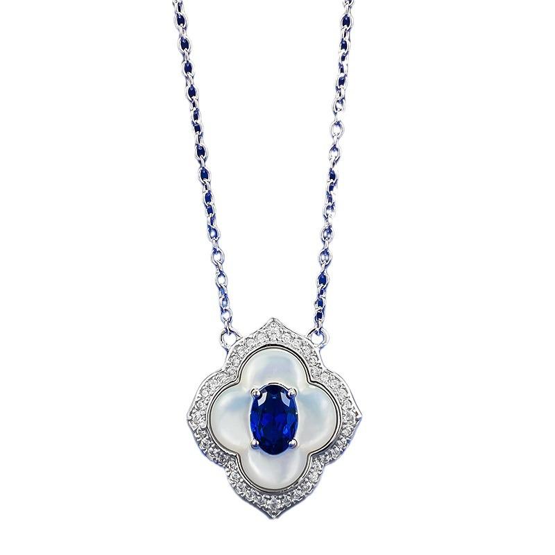 Lulu Tongzhu S925 Silver Necklace with White Mother-of-Pearl & Royal Blue Inlay 4x6mm Clavicle Chain Pendant for Women.