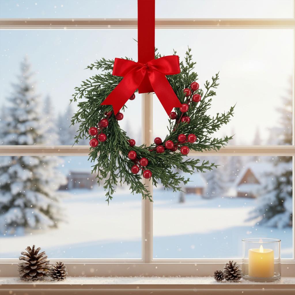 10 Zoll Mini-Weihnachtskranz mit Schleifen Kleine Rattankranz-Weihnachts-Küchenschrank-Girlanden für Fensterwand-Haustür-Dekoration