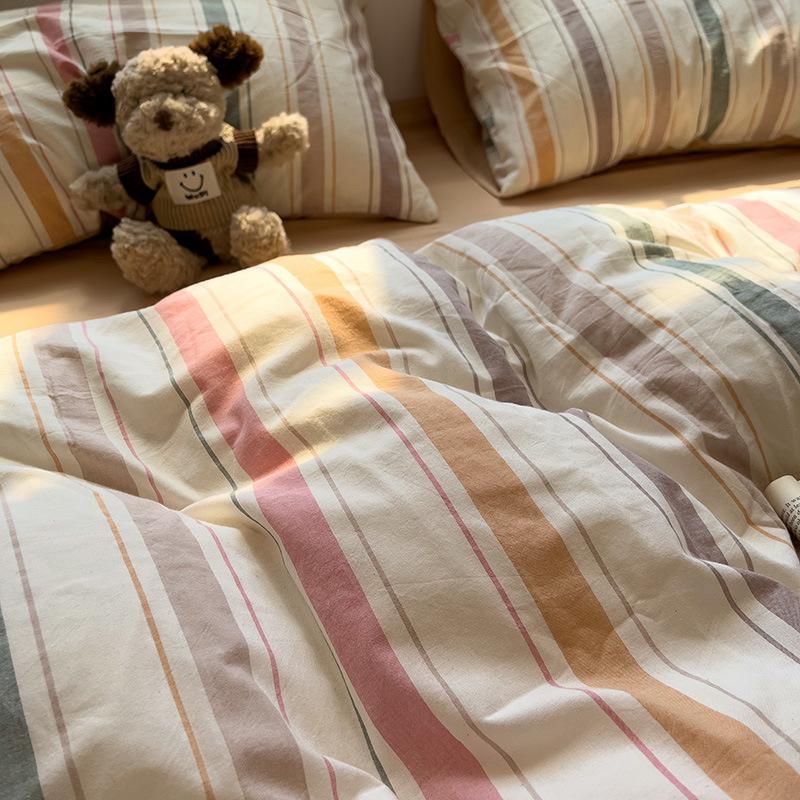 Water Wash Cotton 4 Piece Bedding Set Simple Striped Duvet Cover Bed Sheet Fitted Sheet And Pillow Cases Two Piece Set