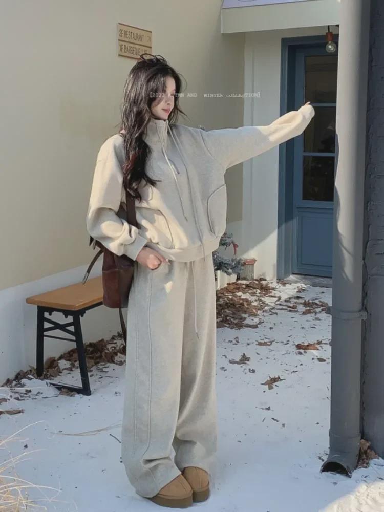 Koreanischer Damen-Freizeitanzug: Verdickter lockerer Mantel & Hochtaillierte weite Mopping-Hose – Perfekt für Frühling & Herbst.