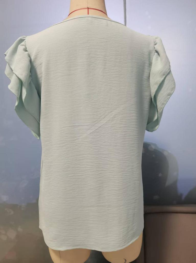 Available: Stylish European & American Women's Petal Sleeve Pullover T-Shirt, Versatile Short Sleeve Round Neck Design
