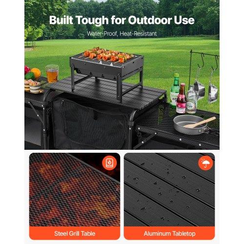 VEVOR Camping Kitchen Table, Outdoor Camp Cooking Table, Aluminum Portable Cook Station with 3 Storage Cupboard, Carrying Bag, Detachable Windscreen