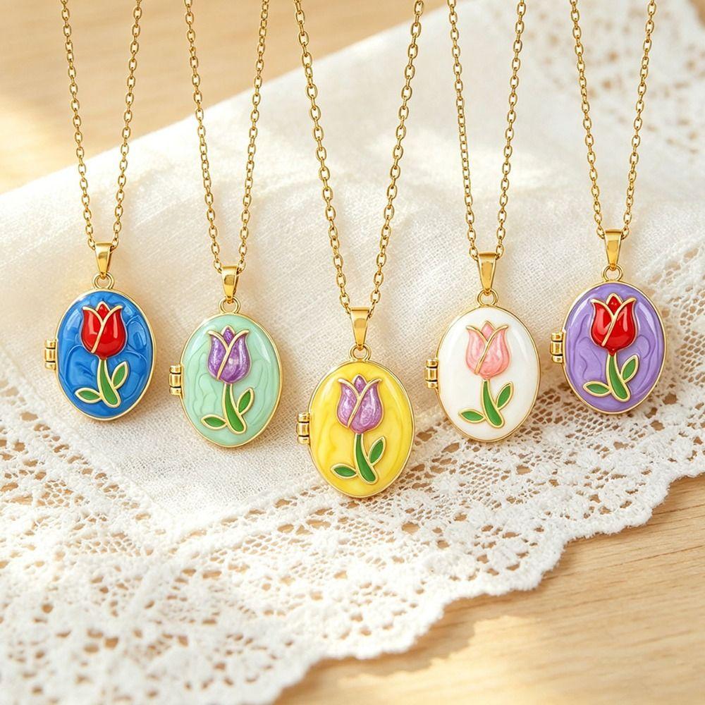 Opening and Closing Lid Photo Locket Pendant Necklace Titanium Steel Glazed Flower Choker Girl