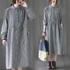 The real spring new literary loose cotton and linen plaid long-sleeved dress women's waist medium and long