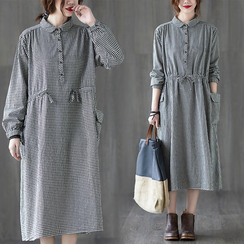 The real spring new literary loose cotton and linen plaid long-sleeved dress women's waist medium and long