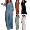 Breathable Women Dresses Bohemian Ruffle V-Neck Long Dress, 3/4 Sleeves Maxi Dress for V Neckline Women, Solid Color Casual Loose Spring Fall