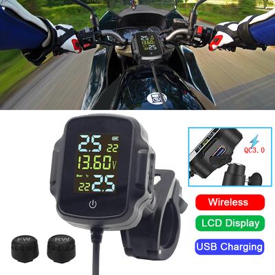 Motorcycle TPMS USB Charger LCD Display With QC 3.0 Tyre Temperature Alarm System With 2 External Sensors For Phone Tablet