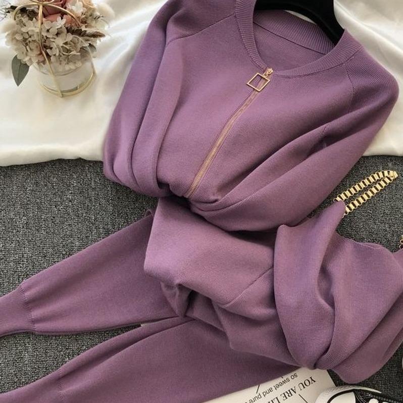 

GMXIA Женский жилет вязаная куртка + эластичные брюки с маленькой штаниной комплект из трех предметов S фиолетовый