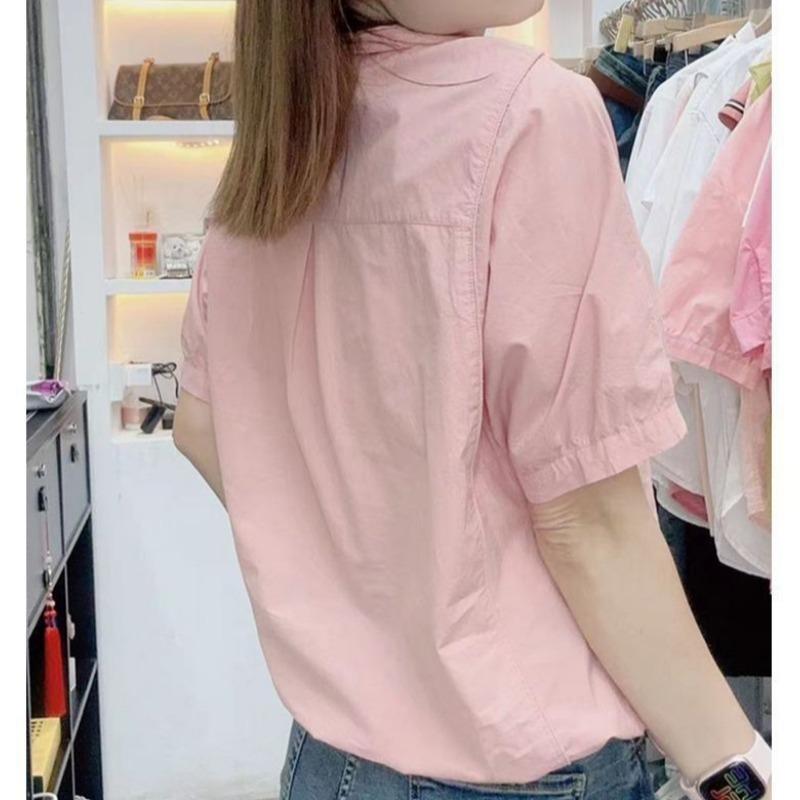 Loose Fit Lightweight Short Sleeve Shirt with Zipper Collar Summer  Blouse Tops