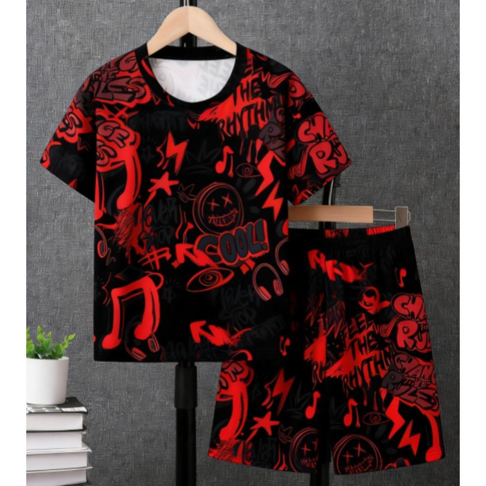 Letter Graffiti Printed Kids T-shirt and Shorts 2 Piece Set Summer Casual Outfit for Boys and Girls Kids Clothing