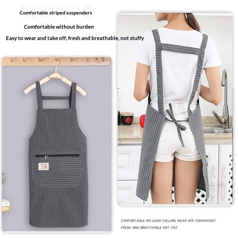 Kitchen Oil Resistant Apron Striped Zippered Linen-Cotton Apron With Straps Breathable Apron Women'S Dirt Resistant Work Clothes