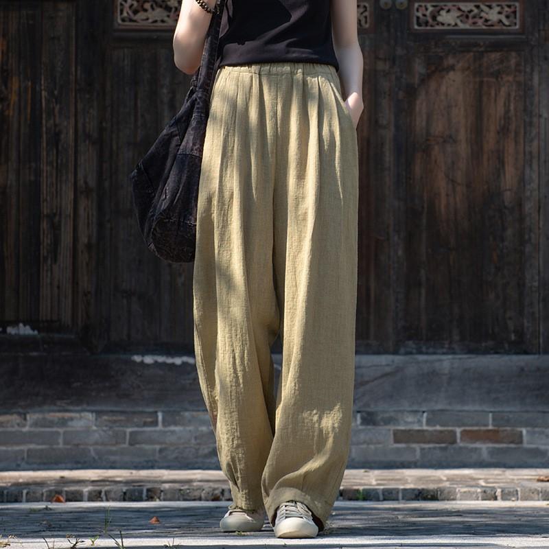 Johnature Women Vintage Straight Pants Elastic Waist Autumn Trouser Solid Color Loose Casual Women Long Pants