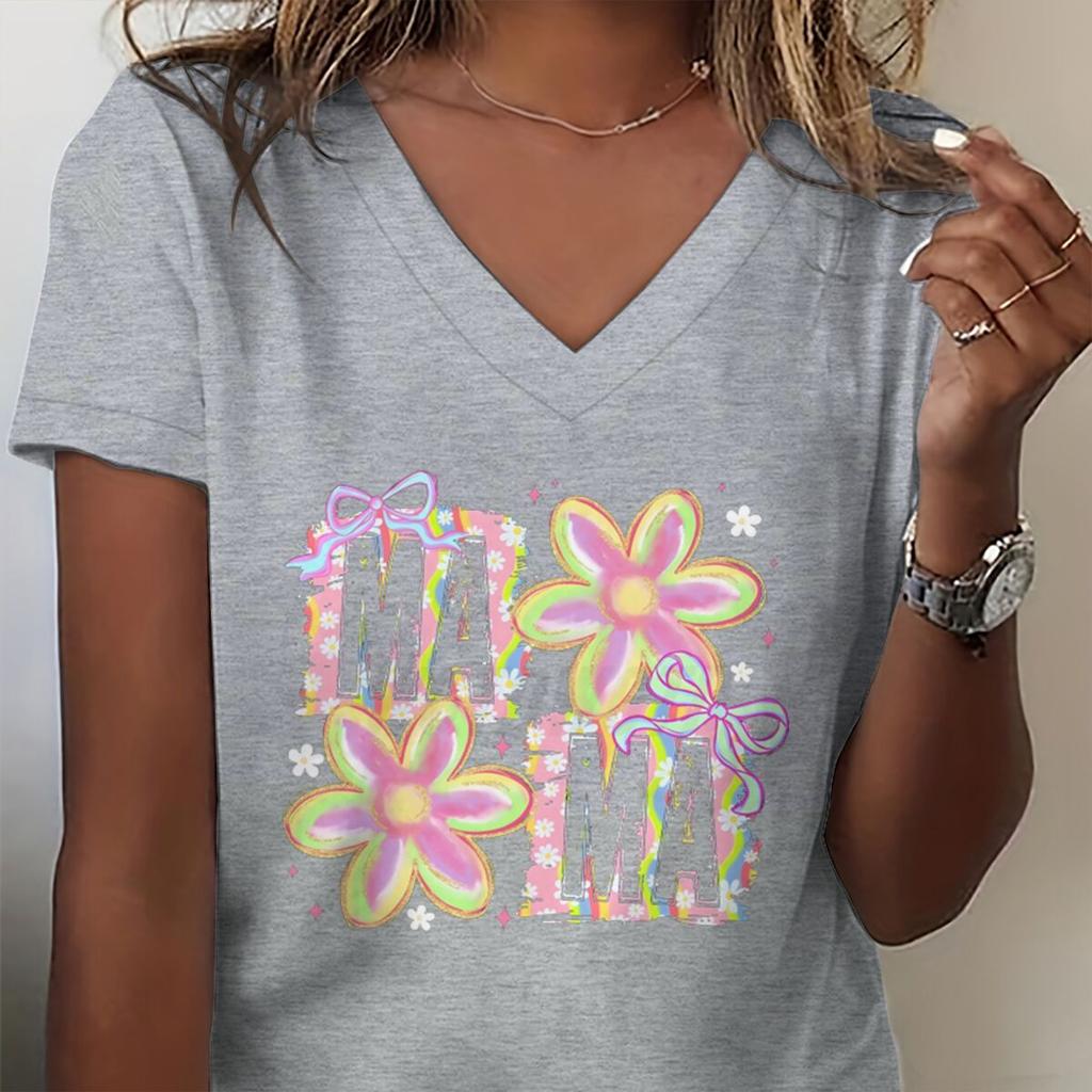 Vintage Flower Mama T-Shirt V-neck Design Funny Gift for Mama Trendy Women Clothing Mother's Day Fashion Tops Soft Tee