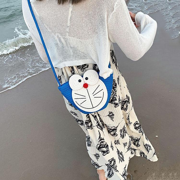 Cute Cartoon Doraemon Shoulder Cross Woven Bag Summer Bag Women 2025 New Ins Bucket Bag Niche