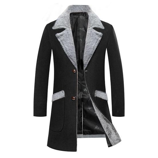 Men Business Jacket Medium Length Single-breasted Solid Color Plush Collar Autumn Winter Woolen Coat Windbreaker Streetwear