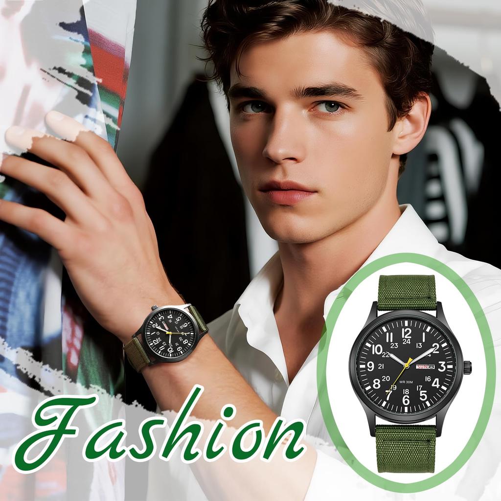 Men's Military Watch with Nylon Strap, Waterproof, Luminous Analog Display, Calendar, Upgraded Edition, Simple and Stylish Sports Watch, 1224 Quartz