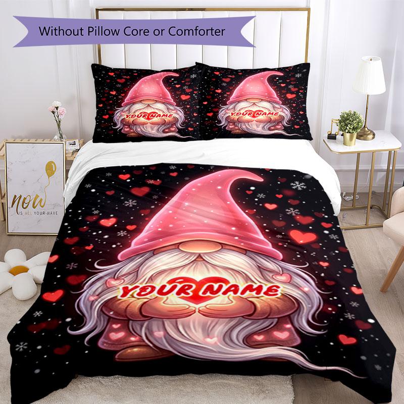 3PC Custom Name Love Gnome Art Bedding Set Duvet Cover Closure Includes 1 Duvet Cover & 2 Pillowcases for Bedroom