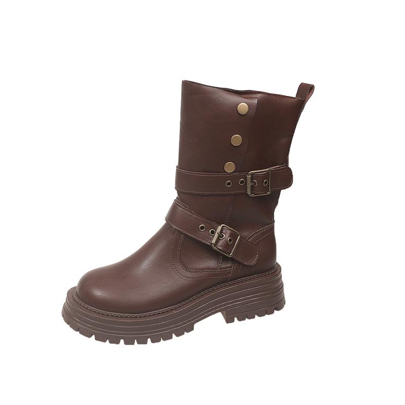 Thick-soled Maillard Medium Tube Short Boots Women's 2025 New British Style Belt Buckle Martin Boots Fashion Boots