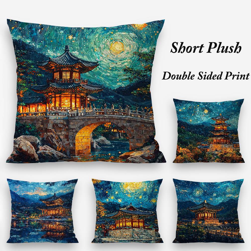 Korea Foguo Temple Pillow Case Plush Fabric Soft Double Sided Print Home Sofa High Quality Cushion Cover Throw
