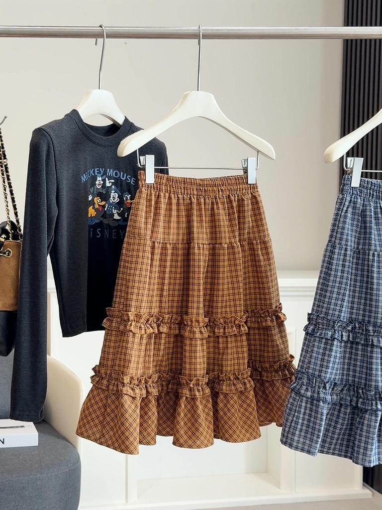 Korean Academy Style Plaid Lace Patchwork Midi Skirt - Spring/Summer New Arrival