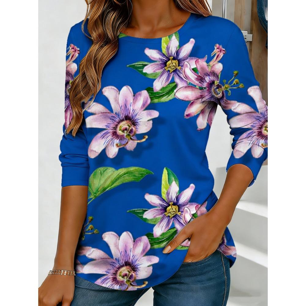 Women's Passionflower Print Long Sleeved Loose Fit Round Neck Top, Casual, Everyday, Stylish and Elegant