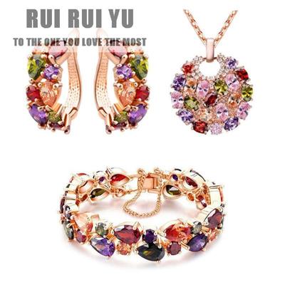 RUI RUI YU 3Pcs/Set Women Wedding Bride Fashion Colorful Zircon Jewelry Set Artificial Gems Necklace Earrings