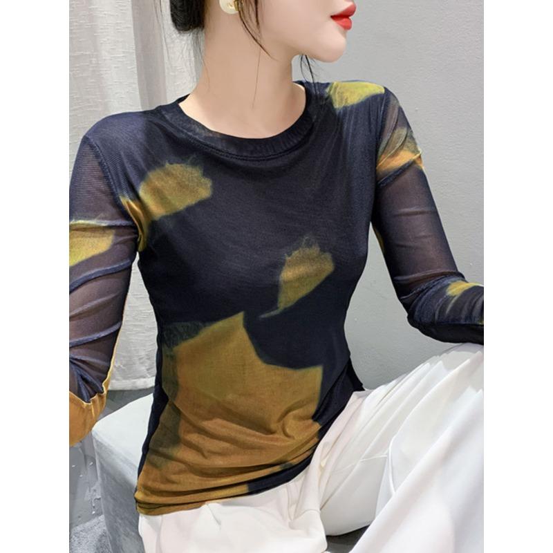 S-3XL Stretchy Mesh Tee TShirt Women O-Neck Full Sleeve Printing T-shirts Female Elegant High Stretch Slim Top